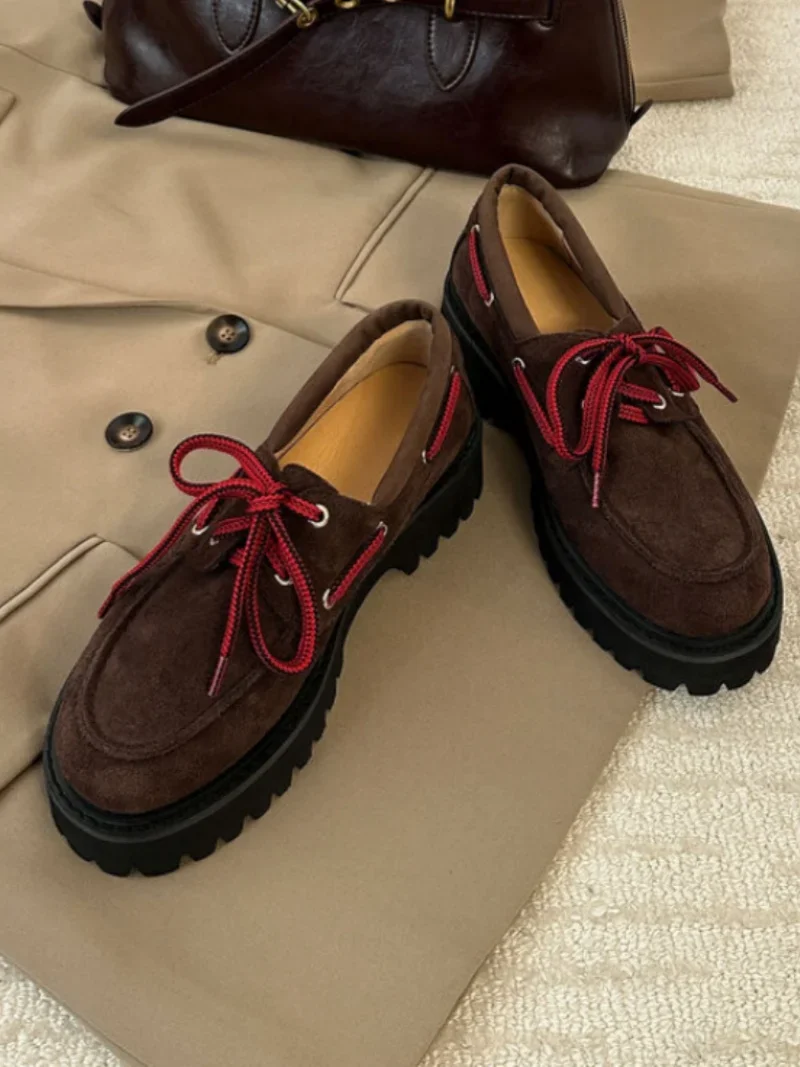 

2025 Spring New Round Toe Thick Sole Mid-Heel Lace-Up Women's Leather Casual Shoes Comfortable Daily Vintage Women Single Shoes