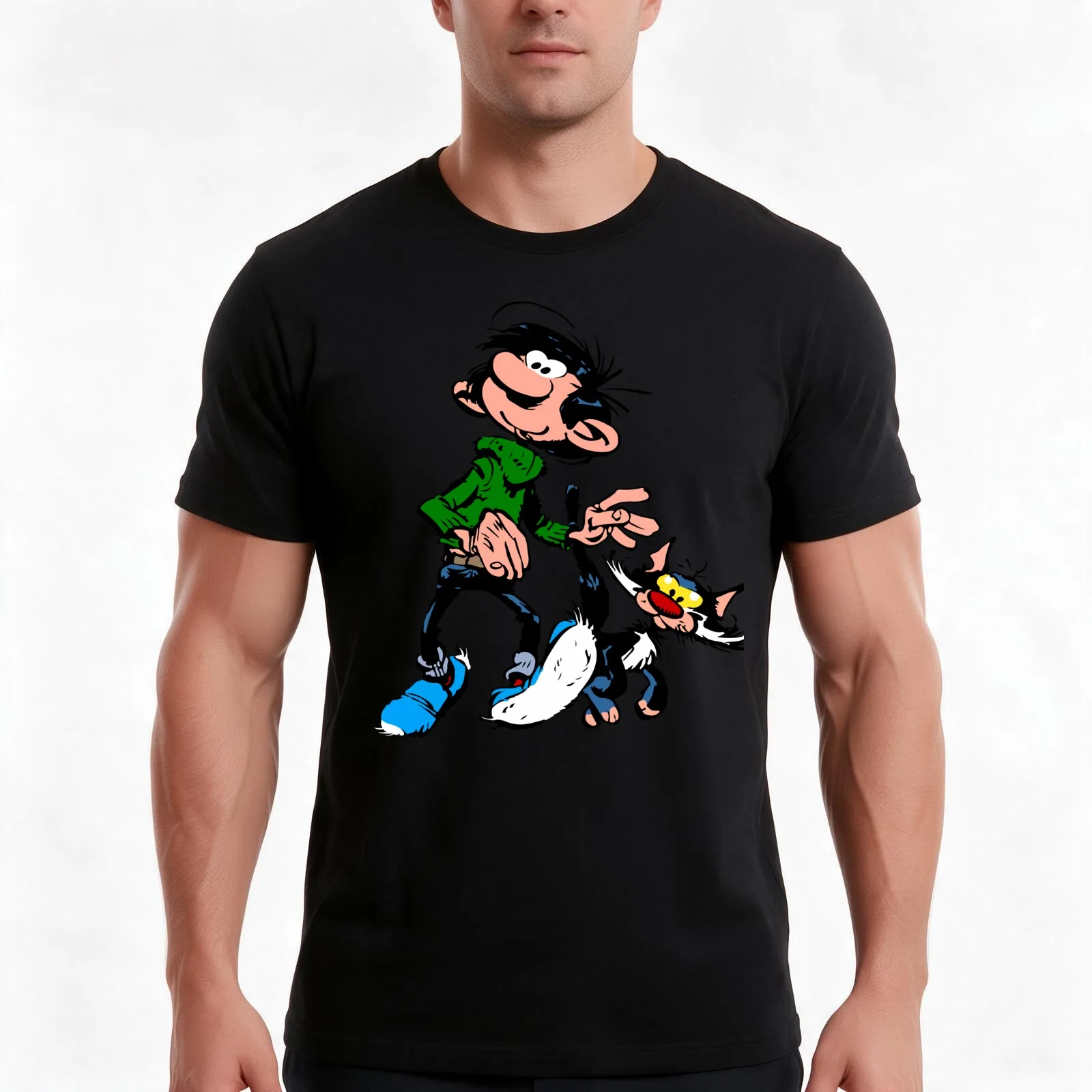 Gaston Goof Walking with Cat T-Shirt, Summer Casual Cotton Tee, Oversized Streetwear Tops, Vintage Graphic Print, 100% Cotton