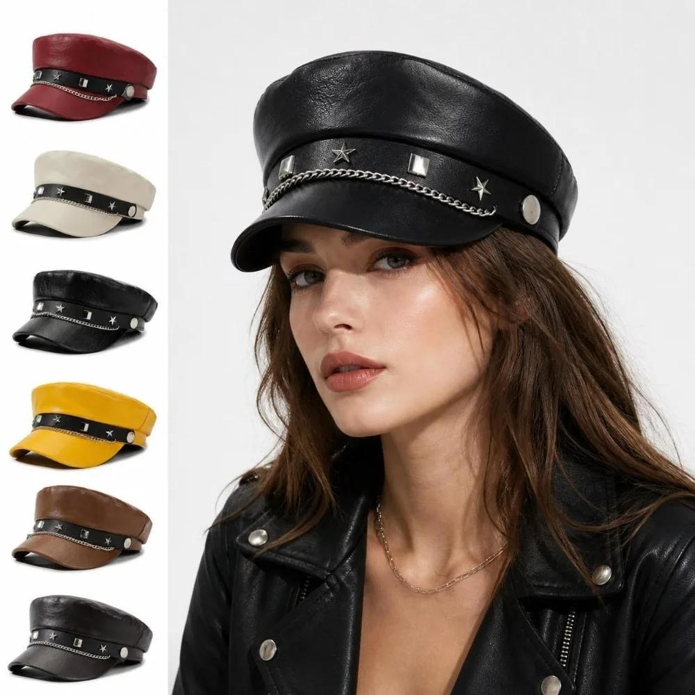 Vintage PU Leather Newsboy Hat Metal Chain Decor Star Strap Baker Boy Cap Solid Color Casual Flat Top Cap Street Style