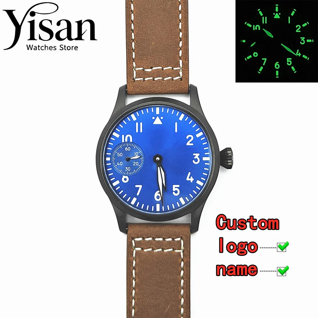 

42mm custom watch sapphire glass leather bracelet men's watch green luminous adaptation manual winding movement ST3600