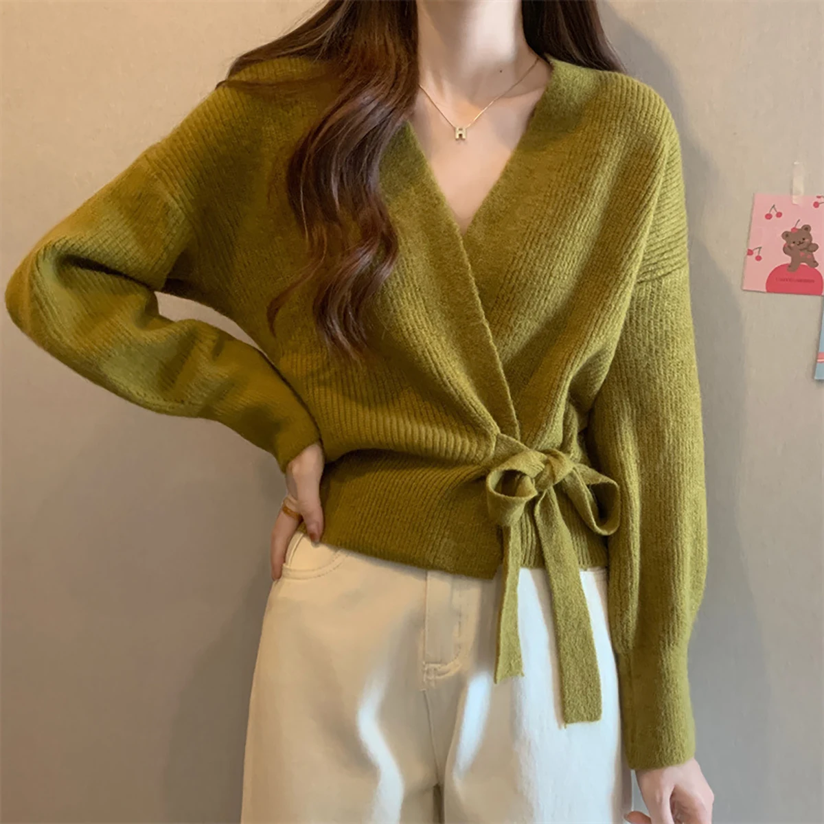 Y2K Autumn Winter Knitted Sweaters Women Loose V Neck Retro Elegant Cardigan Korean Chic Bandage Lace-up Casual Tops Clothing