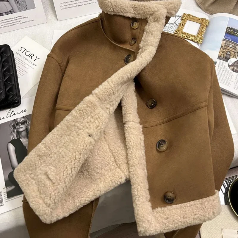 Parkas en velours à manches longues pour femmes, col rabattu, fourrure en daim solide, haut chaud et chic, vêtements coréens, nouvelle mode, automne et hiver