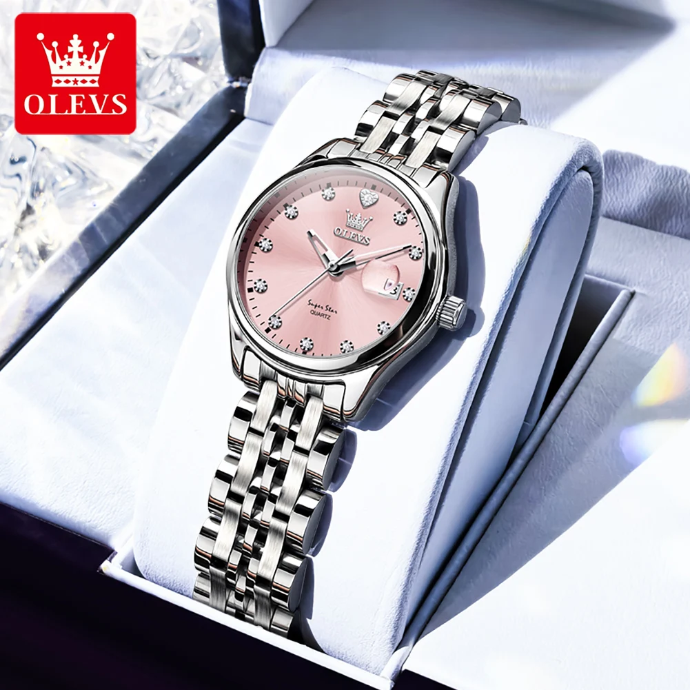 OLEVS 5649 ساعة نسائية جديدة ساعة كوارتز نسائية ستانلس ستيل مقاوم للماء مضيئة تاريخ ساعة ماركة أنيقة الماس ساعة نسائية