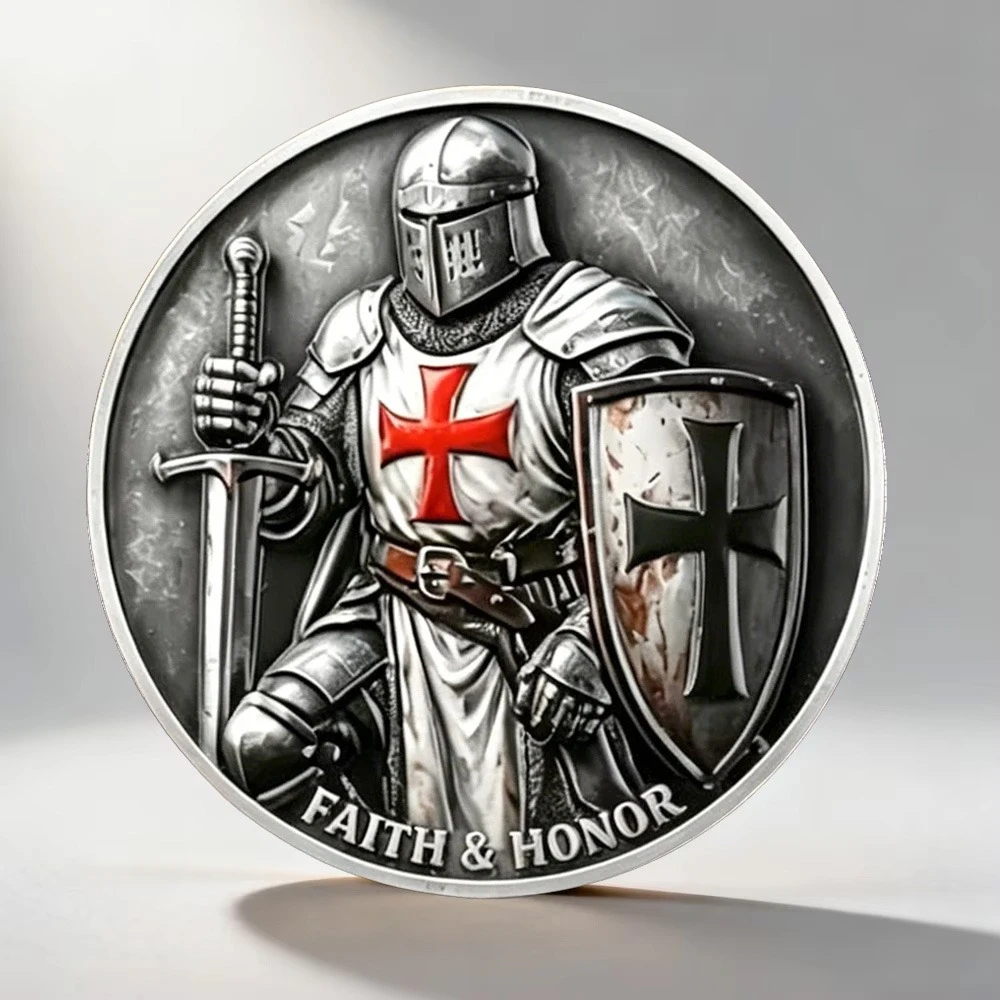 2D UV Crusader and Knight Souvenir Coin Faith and Honor Knight Warrior Silvery Plated Collection Coin Home Decoration