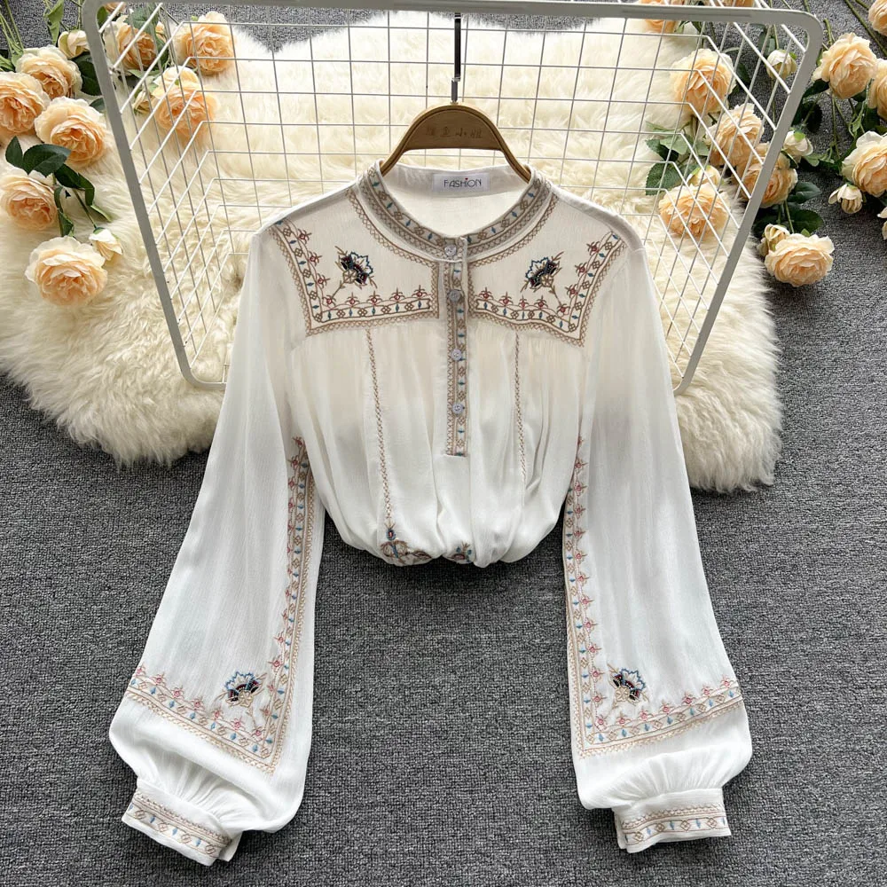 

Ele Heavy Embroidery Stand Collar Loose Chiffon Women's irt Design Sense High-End Feelings Personali Collar Butt...