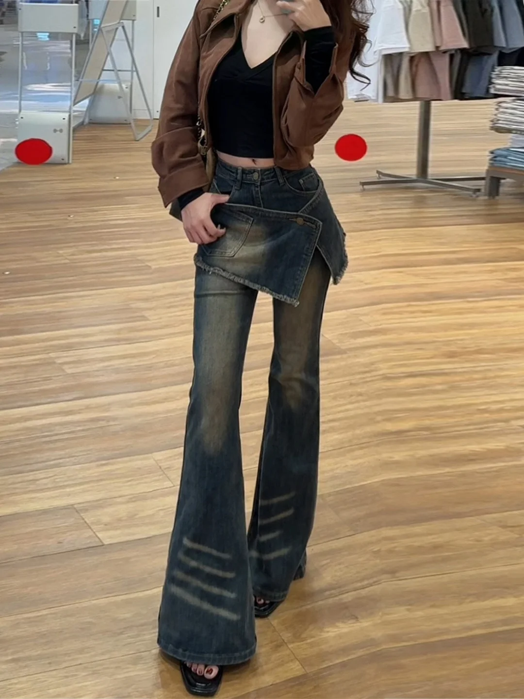 

American Retro High Waist Bell Bot Jeans Women's Autumn Faion 2025 New Sle Slimming False Two-Piece Hoof Pants