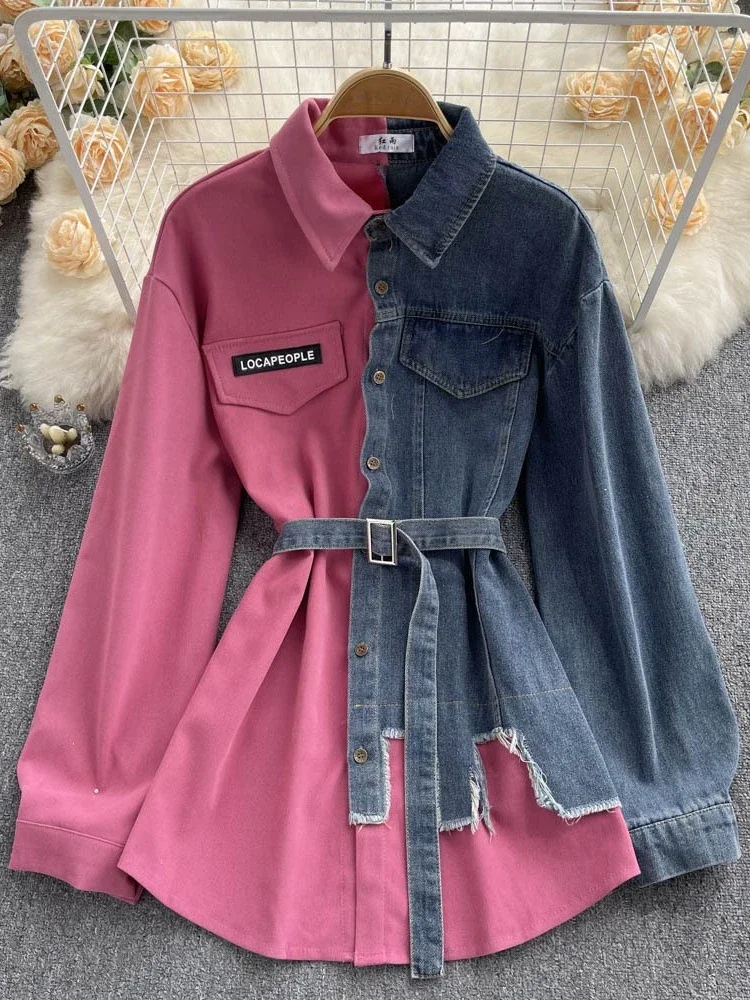 Elegant Party Dresses for Women 2023 Autumn Winter Denim Lapel Dress Korean Fashion LOOSE Robe Patchwork Corduroy Women Clothing