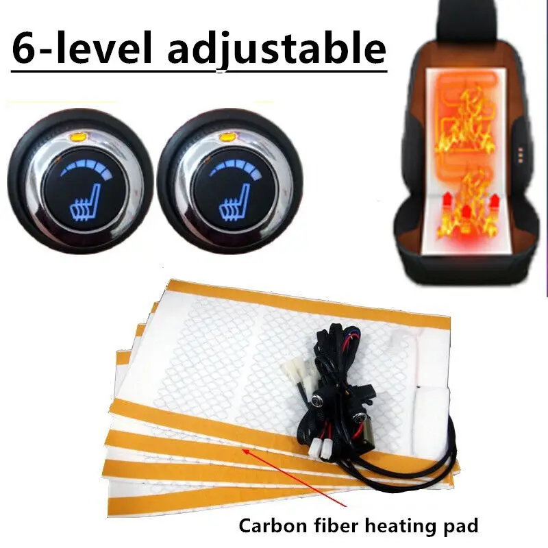 12V Carbon Fiber Car Seat Heater Heat Pads 6 Level Heated Round Switch Heating Kit Winter Warmer Seat Cover