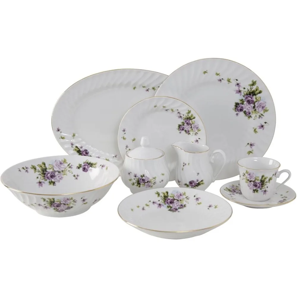 

Ciera 45-Piece Porcelain Lucinda Dinner Plate Set Dinnerware Set with Gold Trim Vintage Floral