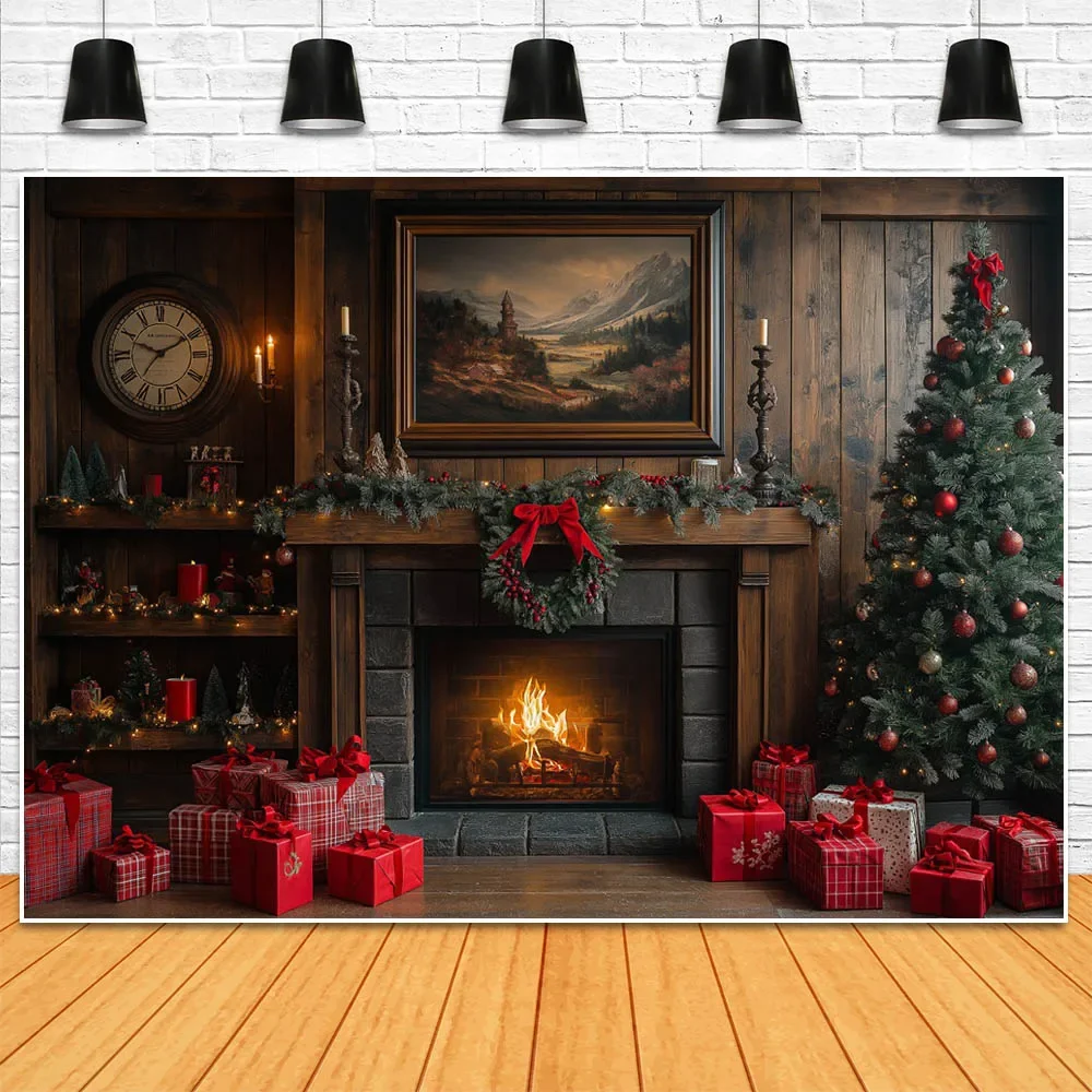 Mocsicka Christmas Photography Backdrop Wooden Wall Fireplace Xmas Tree Gift Box Family Portrait Photo Background Shooting Props