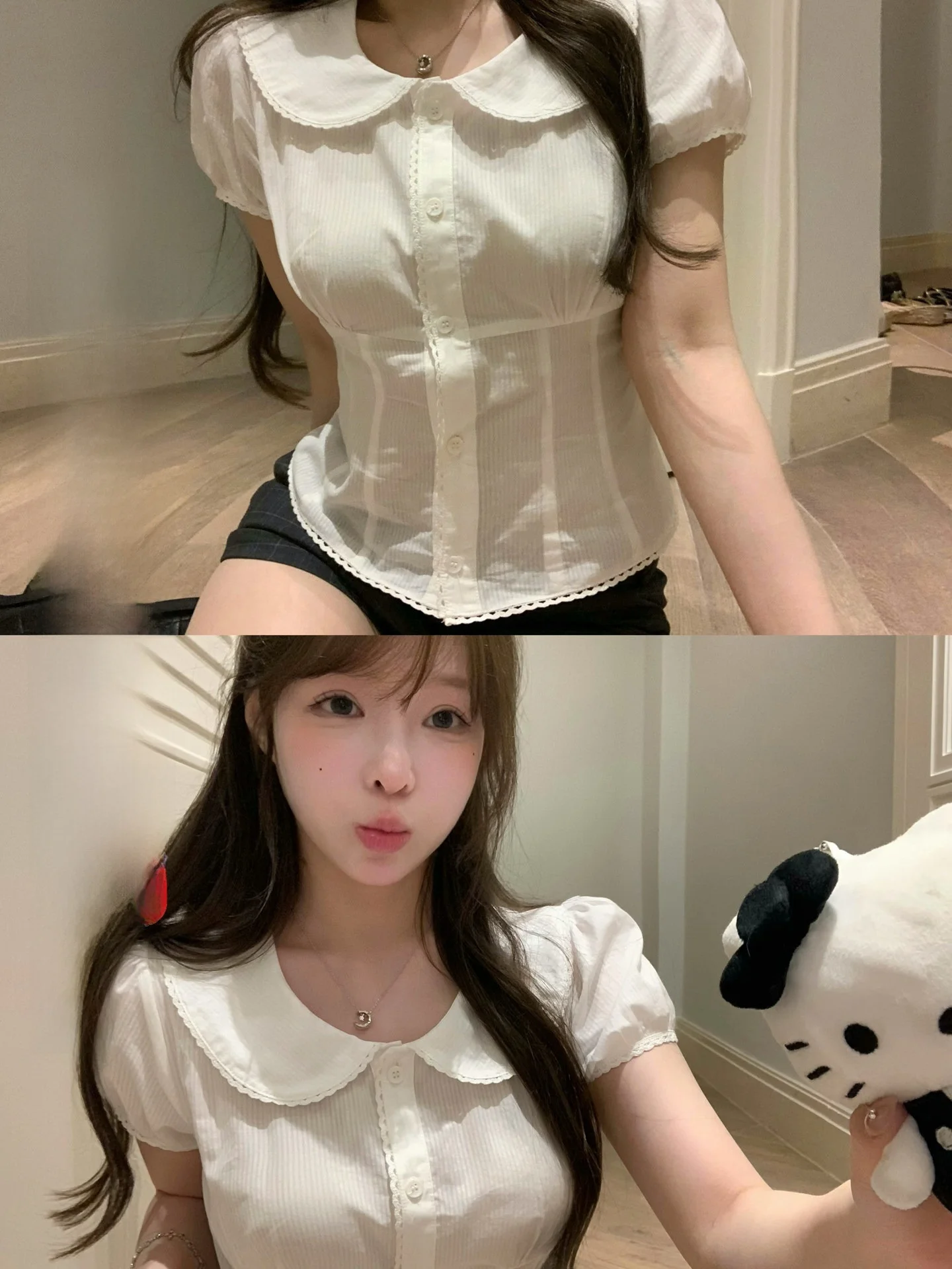 

Lukira White Doll Collar Bubble Sve irt Women's Spring Summer Slim Fit Tie Top Sweet Sle Pure Cotton Breathable Moistu...