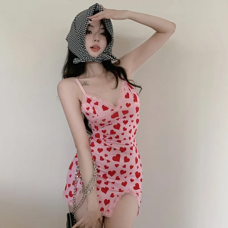 Women Sweet Low Cut Heart Pattern Suspender Dress Y2K Korean Dress Hip Sexy Backless Dresses Summer