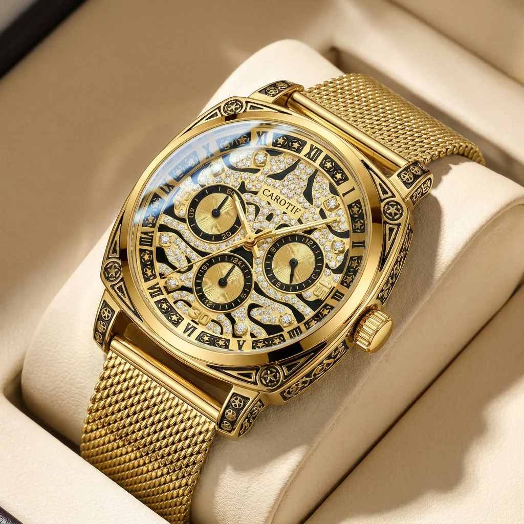 1 Stück Herren-Quarzuhr mit goldenem Zifferblatt und Legierungsarmband, Vintage-Stil, klassische Mode, Details für den Alltag, Business, Party, Urlaub