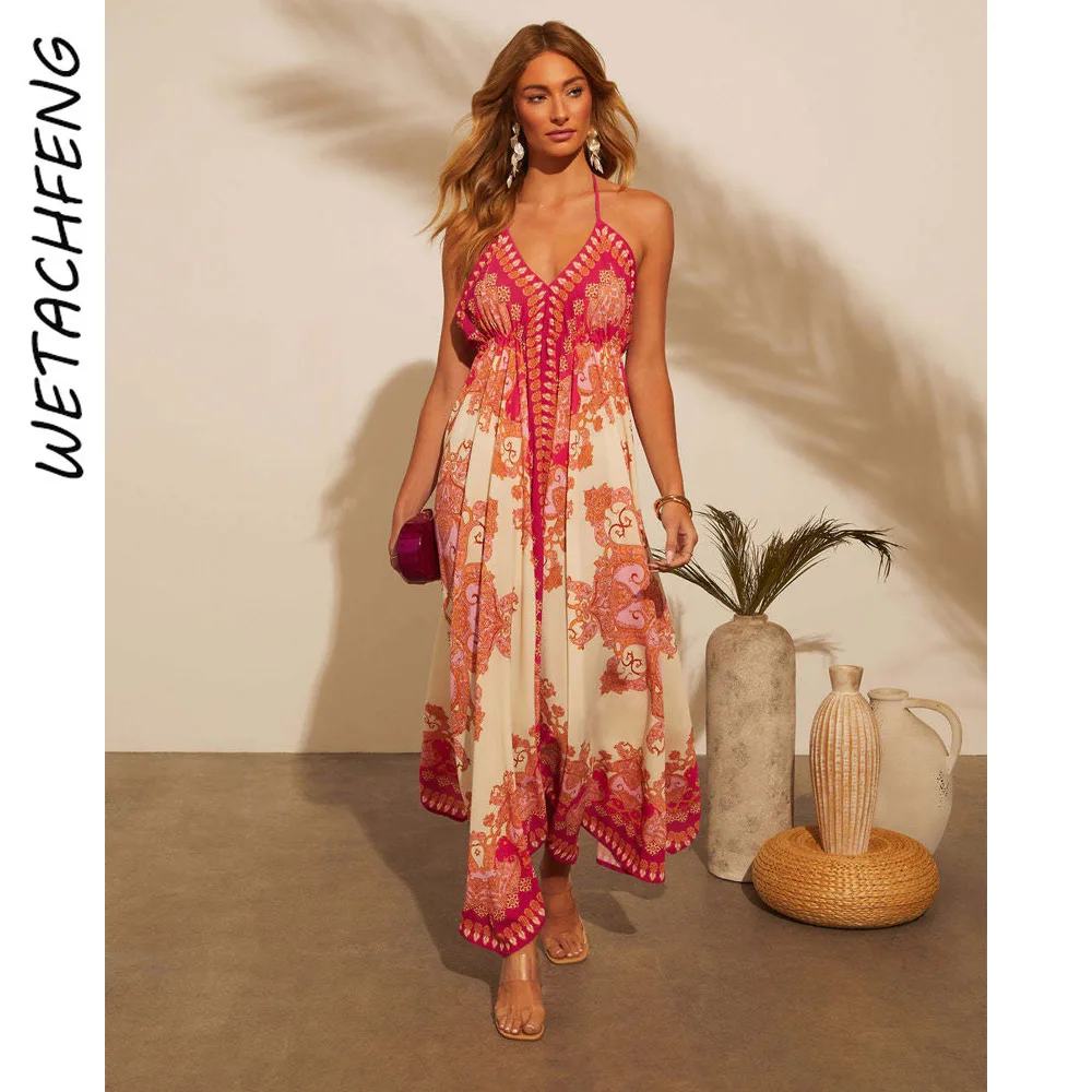 Women's Dress Off-Shoulder V-Neck Floral Print Long Elegant A-Line Evening Dress Spaghetti Straps Boho Holiday Beach Party Gown