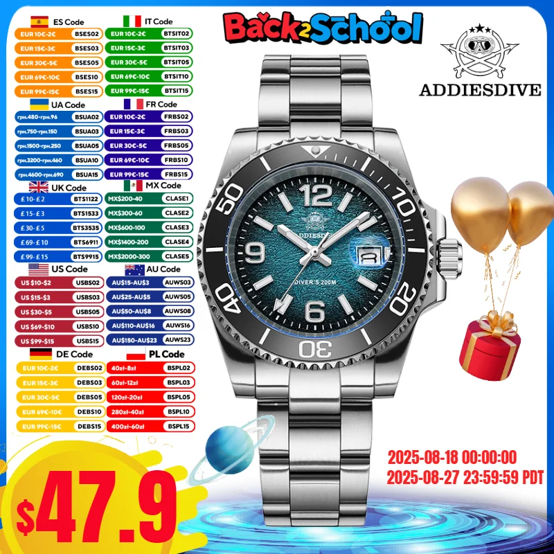 

ADDIESDIVE NEW TOP Men Watch Calendar Display 316L Stainless Steel 200m Waterproof BGW9 Super Luminous Reloj Hombre Quartz Watch
