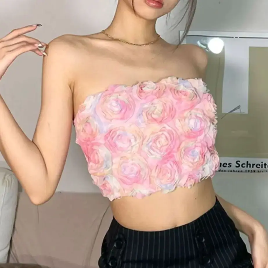 

Tube Tops Three-Dimensional Flower Splicing Strapless Slim Crop Tops 2024 New Fashion Summer Vintage Sweet Girl Sexy Versatile