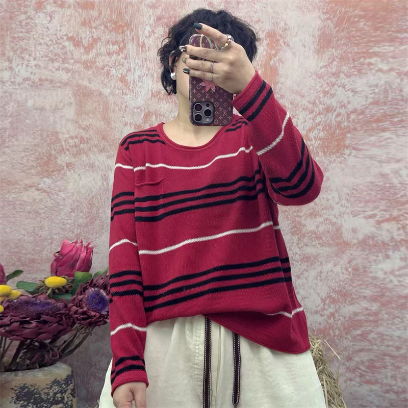 

Autumn and Winter New Women's O-neck Color blocked Pullover 100% Cotton Casual Trendy Sweater Loose Knitted Women's Top