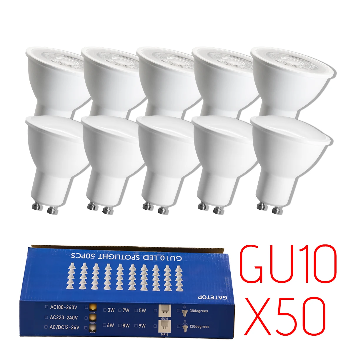 50Pack GU10 Base LED Bulb Spot Light 3W 5W 6W 7W 8W 9W Flicker-free Ra80+ 3000K 4000K 6000K Cool Lighting for Home Deroc Lights
