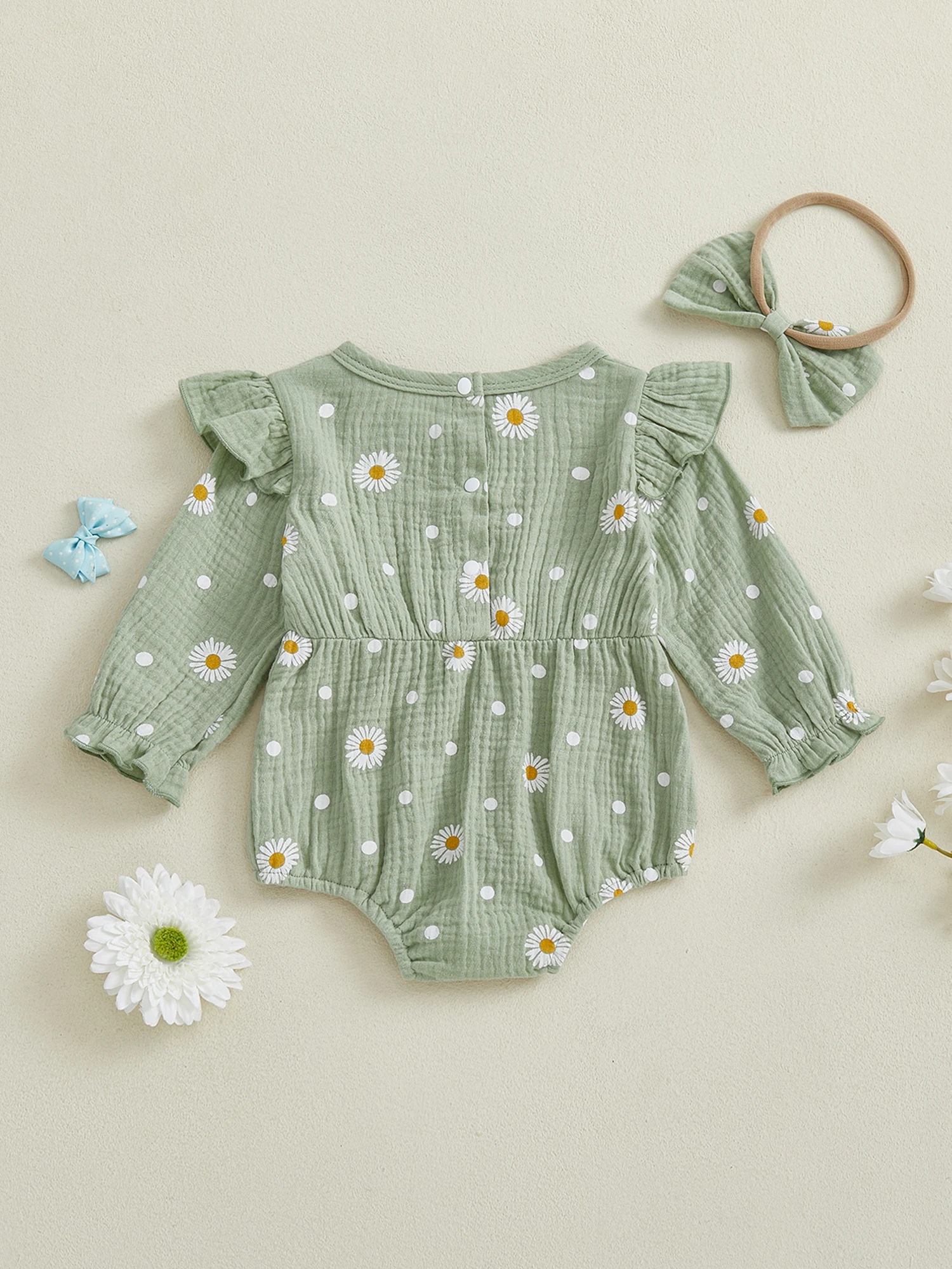 

Toddler Girl Autumn Floral Romper with Ruffle Sleeves and Matching Headband Set for Fall Season Outfit