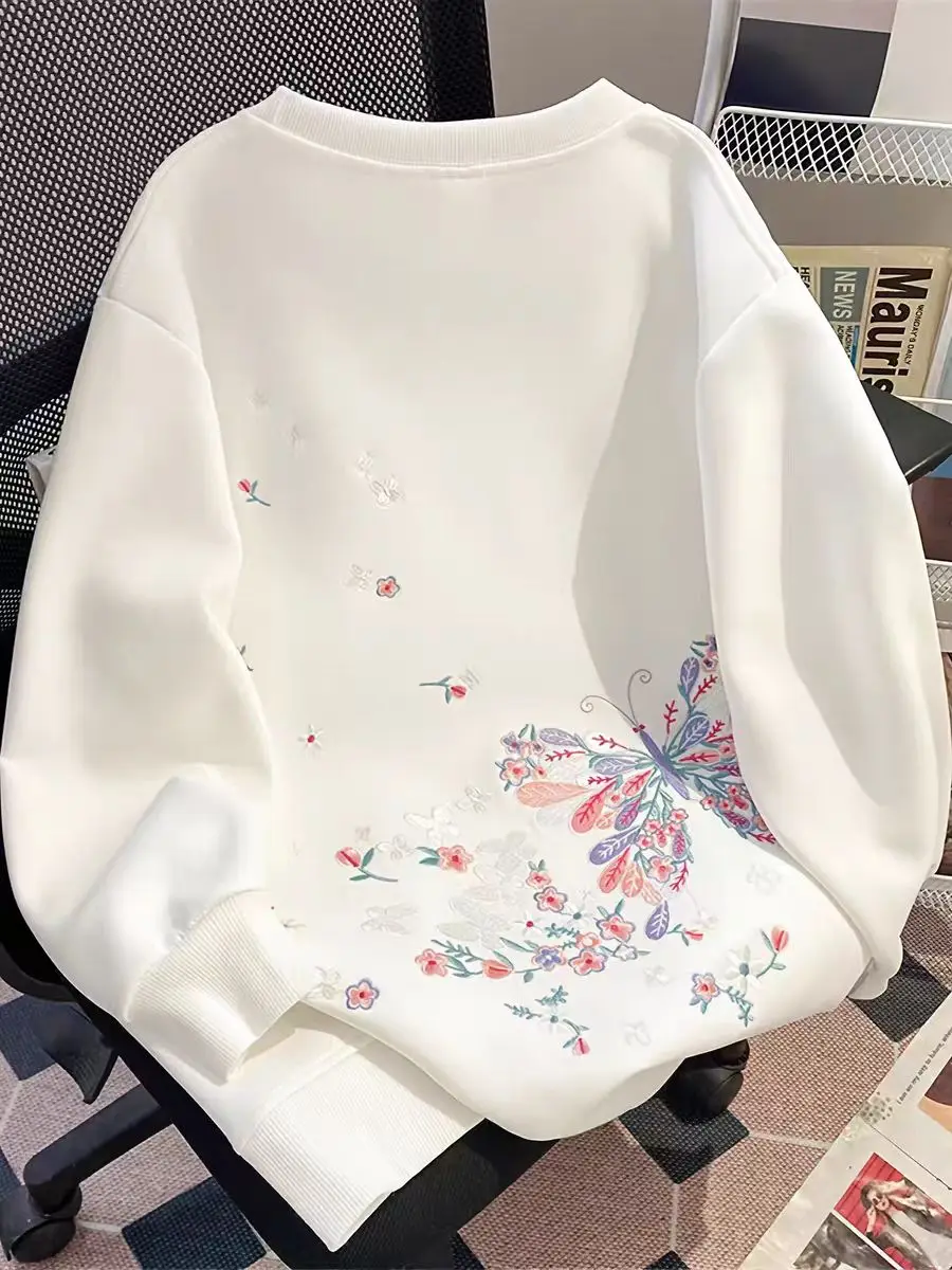

Embroidery Butterfly Heavy Loose Sweatshirt Women and Men White Black Autumn Spring 2026 Hoodies American Fashion Casual Tops