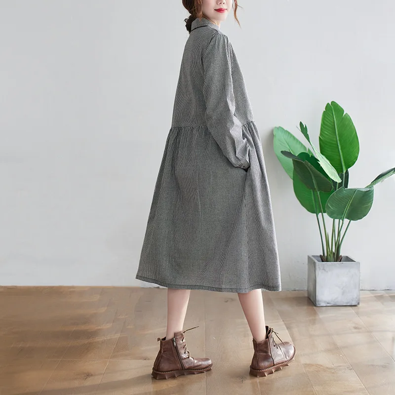 فستان ربيع وخريف جديد عتيق فضفاض من القطن والقنب بياقة مربعة وأكمام طويلة للنساء، فساتين قميص متوسطة إلى طويلة