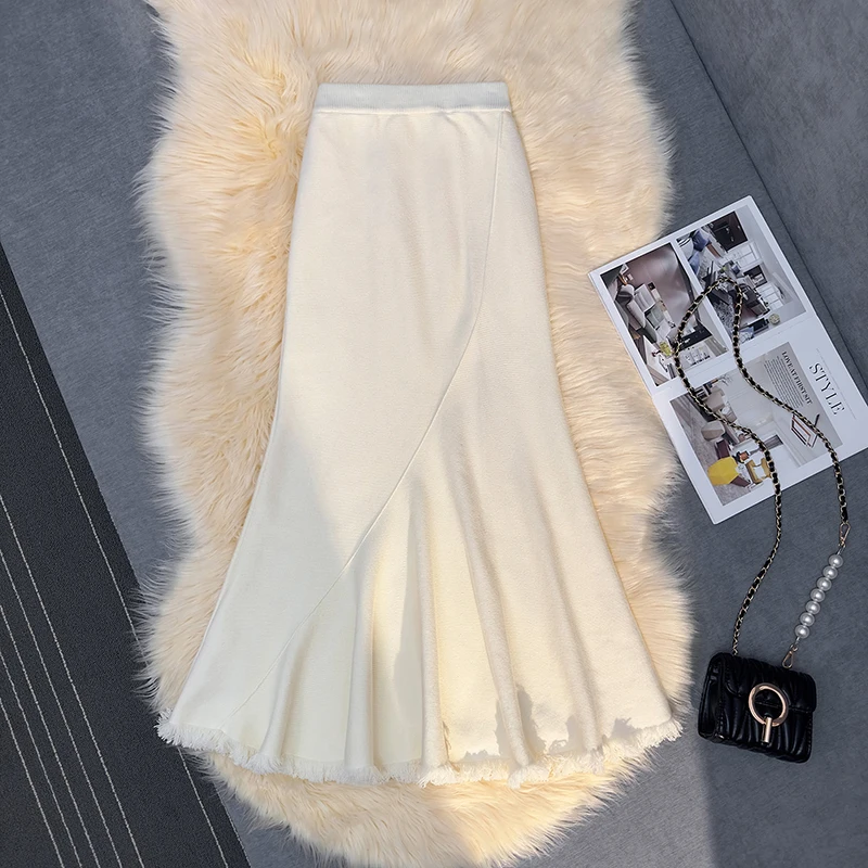 

Vintage Knitted Midi Skirt Women Elegant Tassel Black Hip Wrap Mermaid Skirts Winter Korean High Waist Pink Slim Trumpet Skirts
