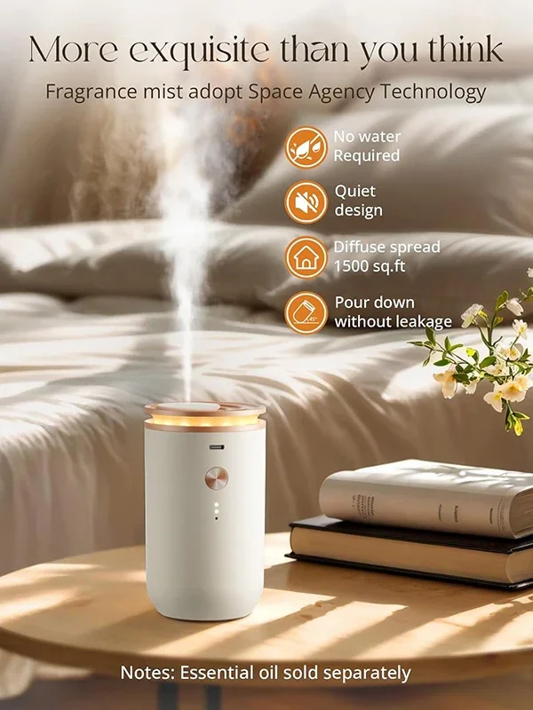 Wireless White Noiseless Sleep Aroma Diffuser 2500mAh Nebulizer Built-In Battery Air Humidifier Power Source Electric Waterless