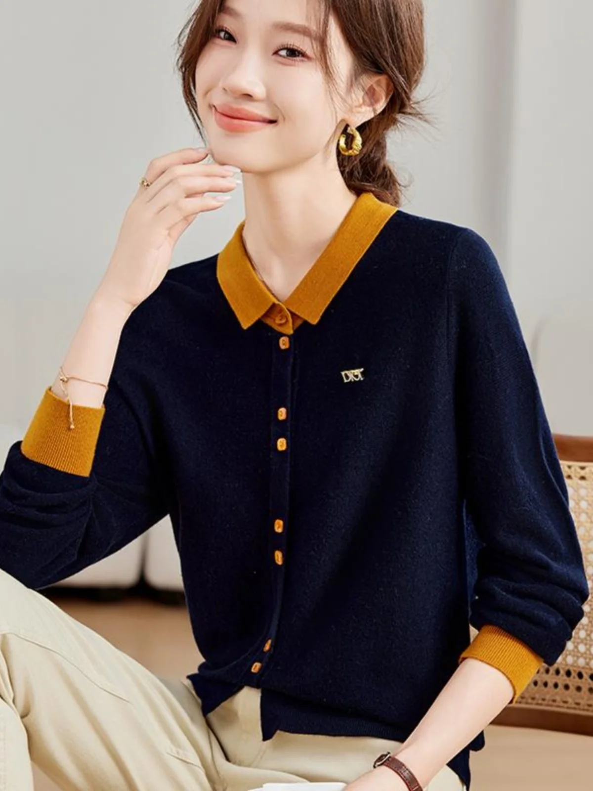 

Модный вязаный свитер с воротником-стойкой в стиле колор-блок для женщин, базовый слой, корейский стиль, прямой крой, длинный рукав, дышащий