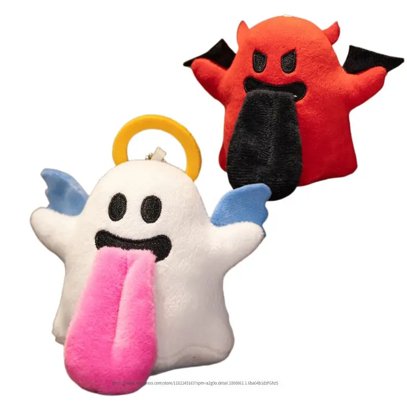 Kawaii Ghost Plush Pendant Creative Funny Angel And Devil Cartoon Long Tongue Image KeyChain Schoolbag Decor Halloween Gifts