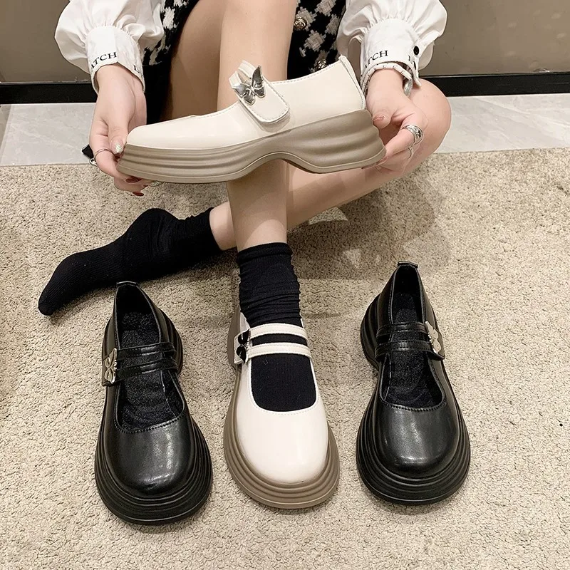 

New Butterfly Mary Jane Single Shoes Women's Thick-soled Shallow-mouth Casual Shoes Japanese Uniform Soft-soled Leather Shoes