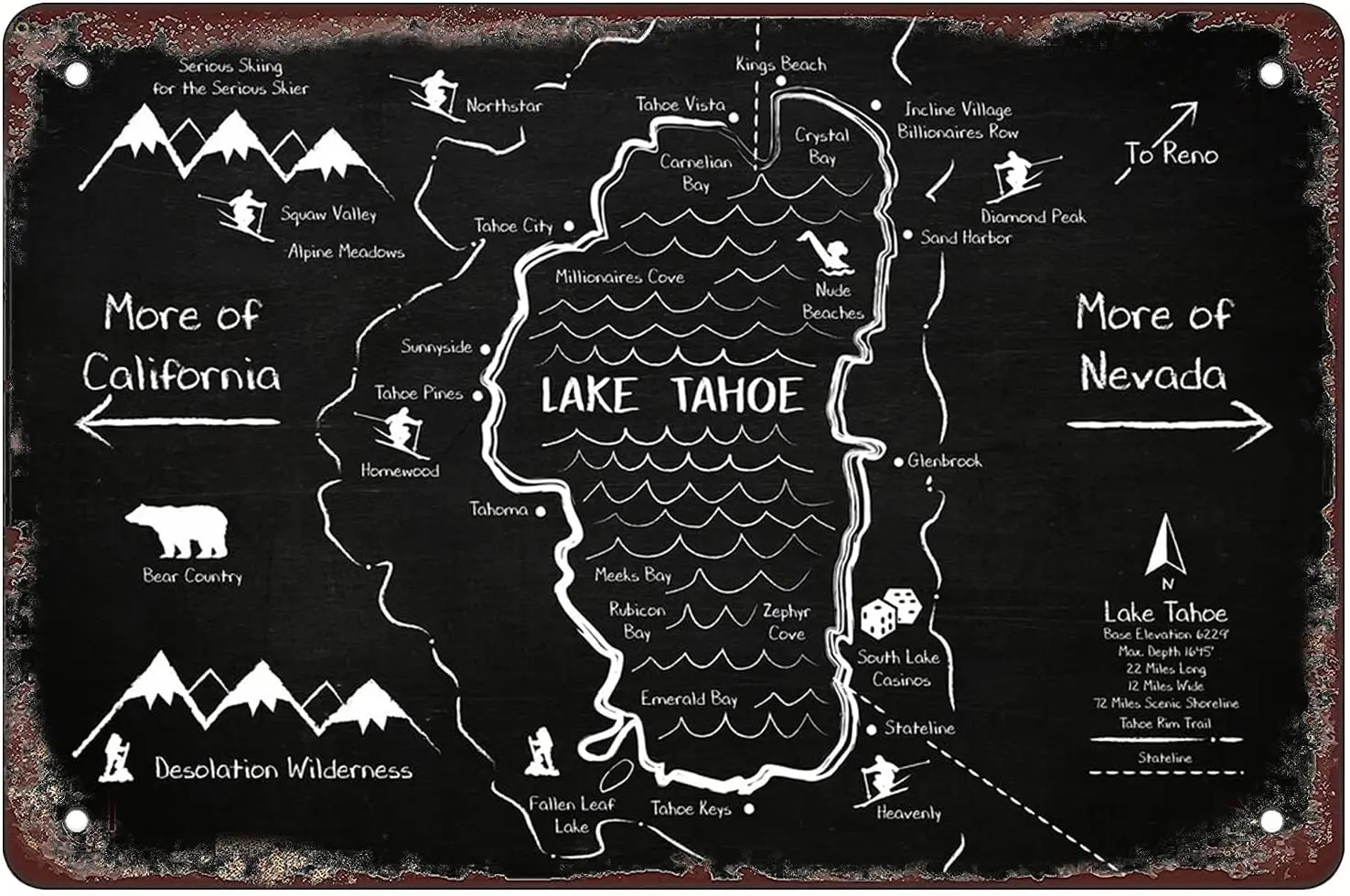 Retro Map Tin Sign Lake Tahoe Chalk Drawing Satin 8x12 Inches Retro Vintage Decor Sign Metal Tin Sign Home Bar Wall Decor sign