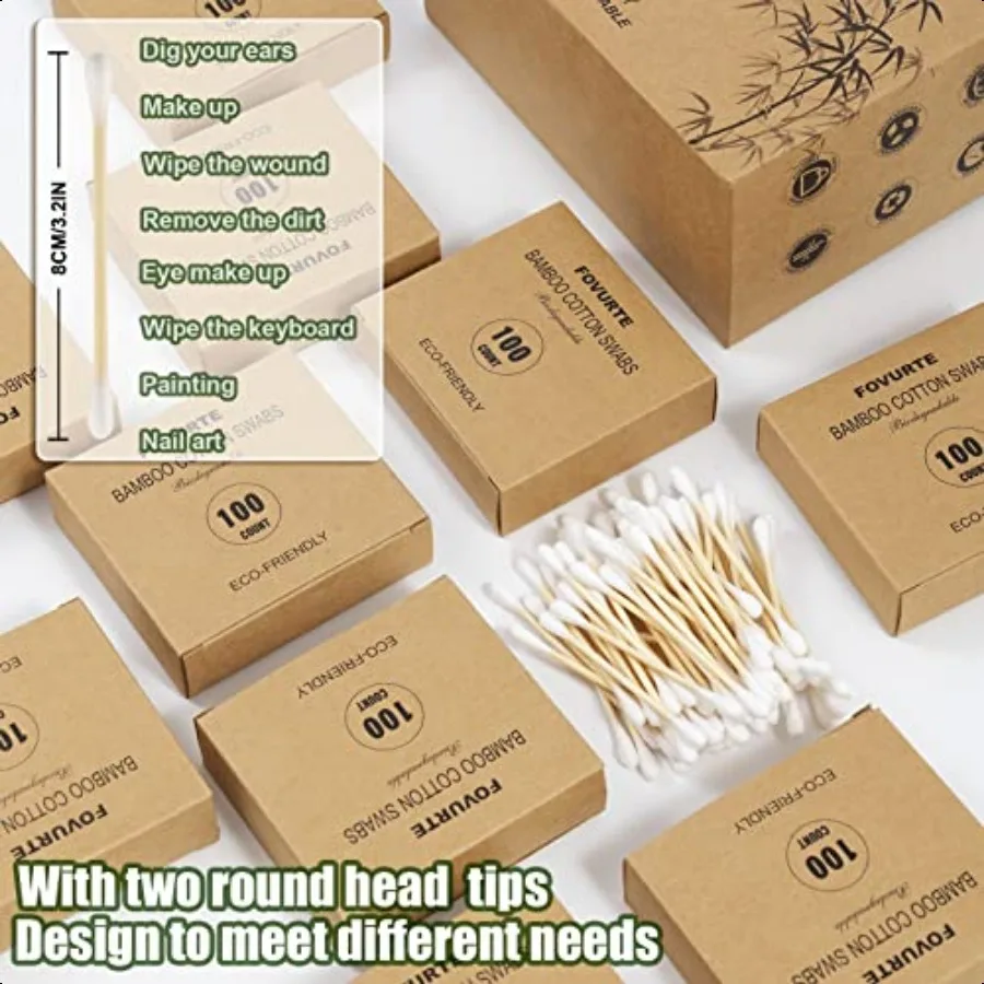 Bamboo Cotton Swabs 1000 Count Natural Cotton Swab with Round Head Tips Double Tipped Ear Sticks Wooden Cotton Buds for Cleanin