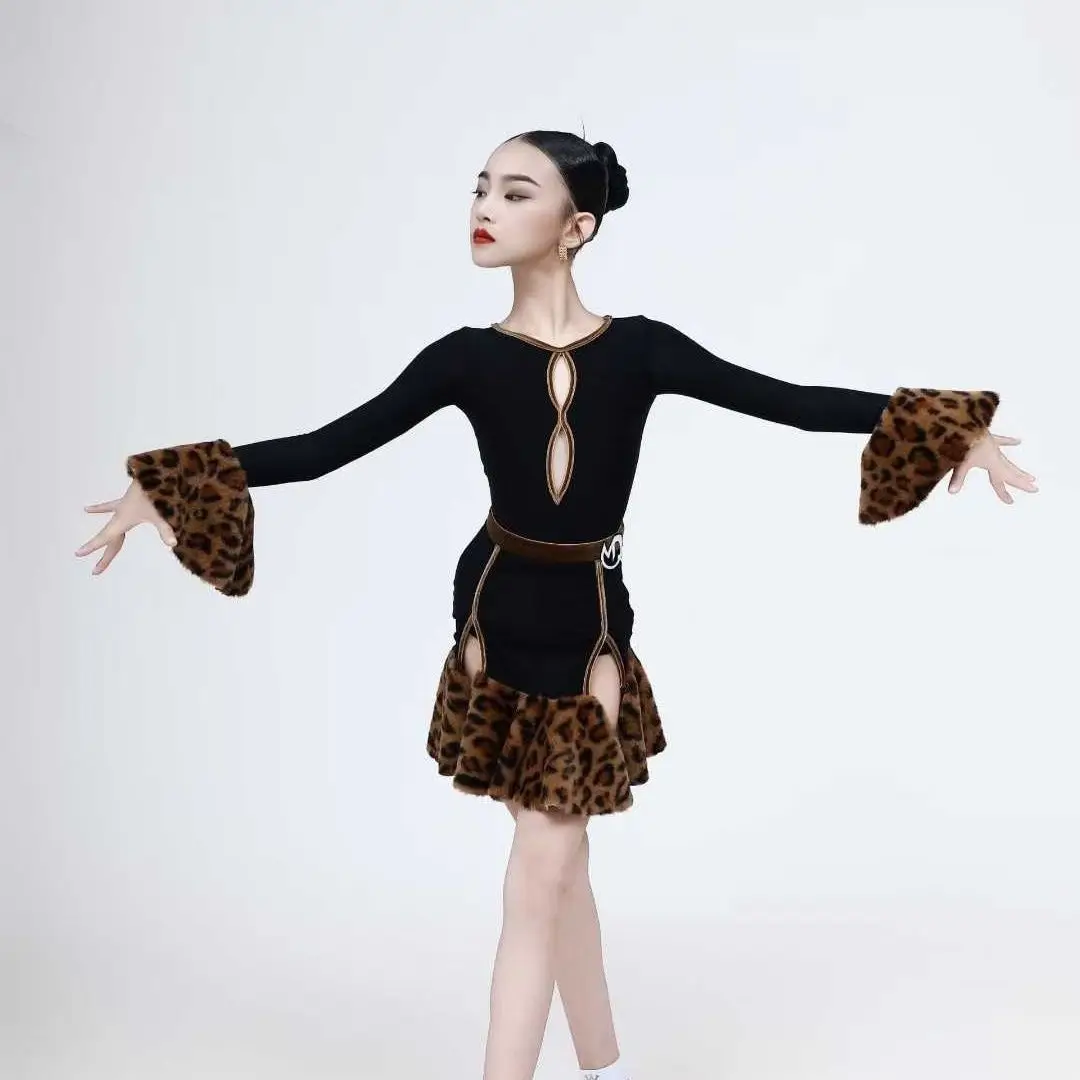 Vestidos de danza del vientre para mujer, retales de leopardo, traje latino, vestido de manga larga para niña, ropa de vendaje de competición para mujer