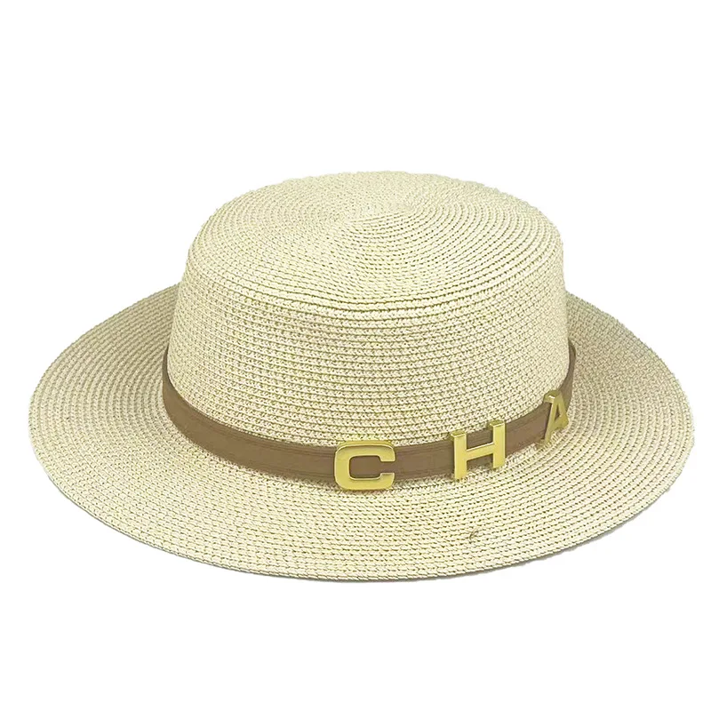 Sun Hats for Women Straw Hat Female Summer Outing Resort Rhinestone CHA Belt Personality Flat Top Hat British Vintage Visor Hat