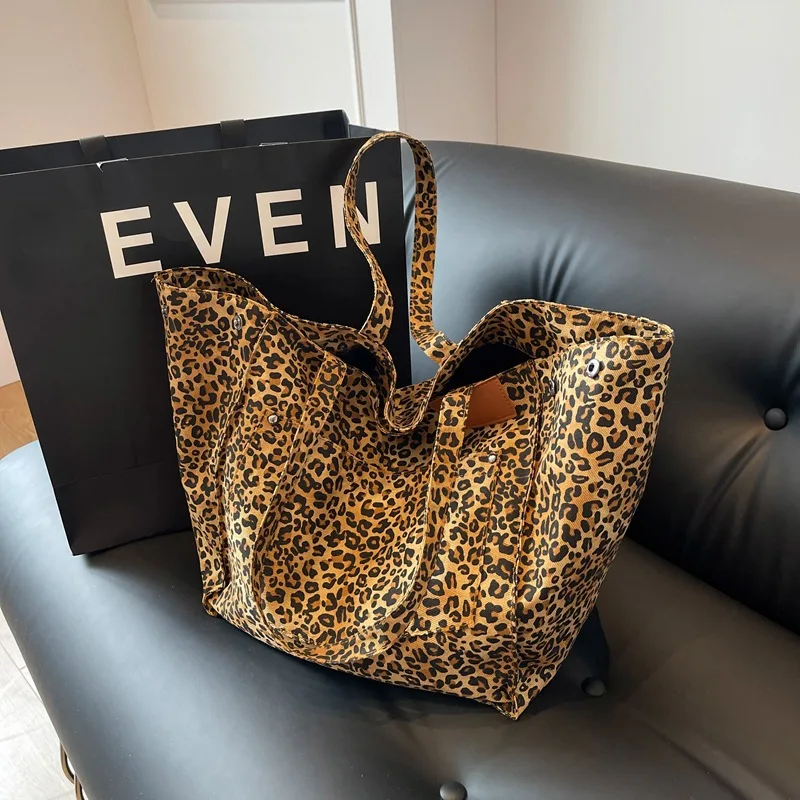 2023 Korean Leopard Shopper Big Shopping Shoulder Bag Large Capacity Canvas Tote Bags For Women Handbag Lady Travel Purse