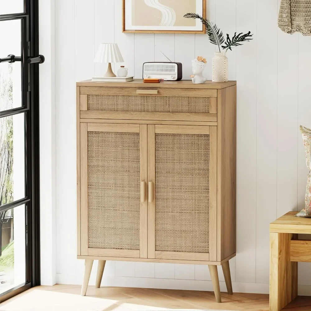 Accent Floor Storage Cabinet with Rattan Doors, Bathroom Cabinet with Large Drawer, Floor Cabinet Organizer Enough Storage Space