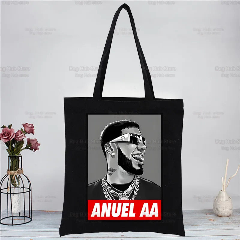 Anuel AA Anuel Vintage Hasta La Muerte Black Canvas Bag Casual Large Hand Bags Women Shopping Handbag Print Large Capacity Bag