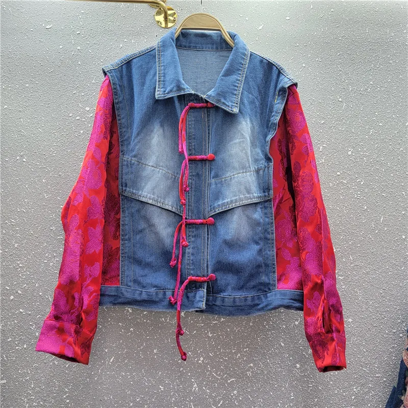 Streetwear Fashion Print Denim Jacket Women Loose Short Outerwear Spring Autumn Korean Splicing Long Sleeve Jeans Jackets Female