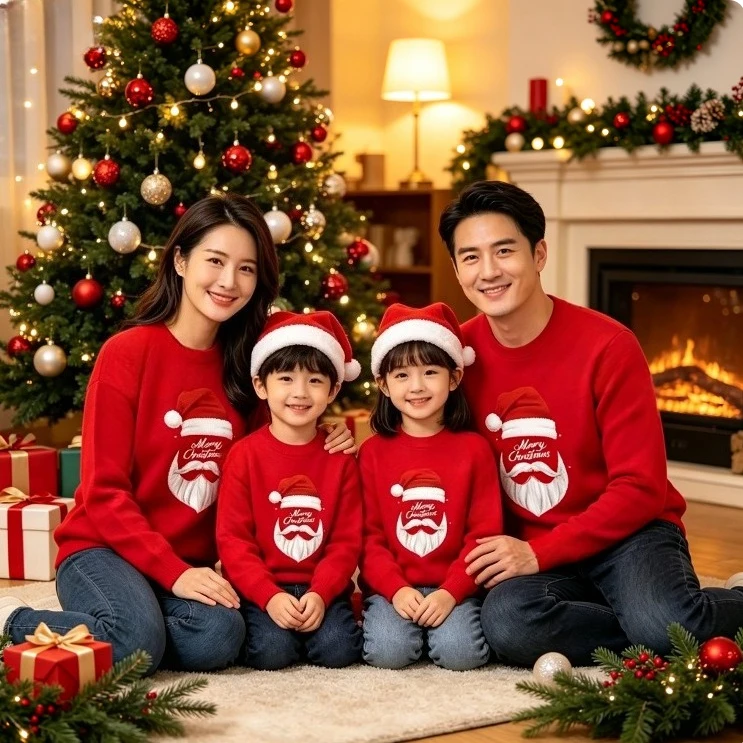 Christmas Family Matching Outfits Long Sleeve T-shirt  Santa Beard Merry Christmas Print Parent-child Tees for Xmas Party