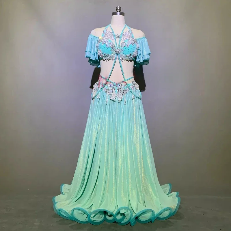 

Egyptian Belly Dance Suit Women High End Customized AB Stones Bra+Satin Long Skirt 2pcs Adult Oriental Dance Performance Wear