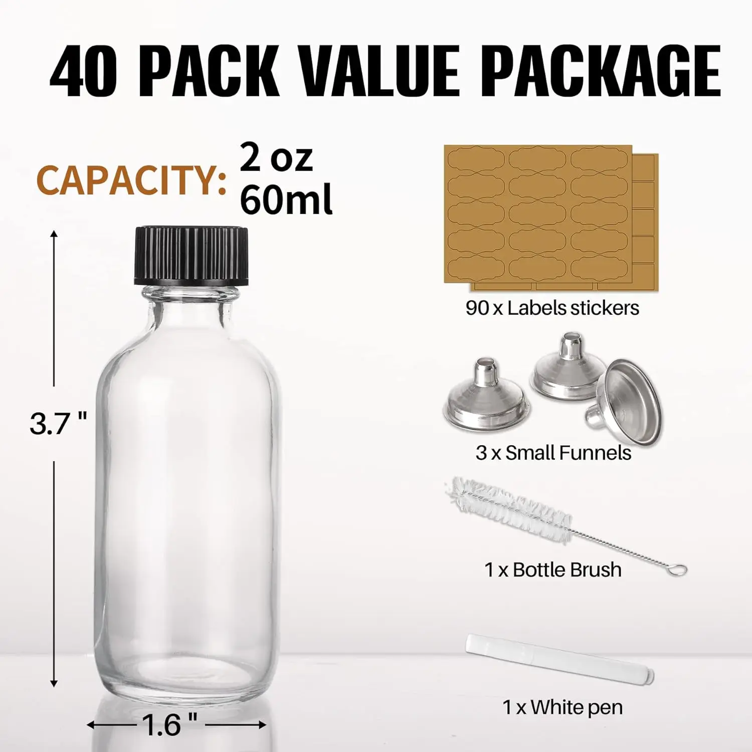 2 oz Small Glass Bottles with Airtight Lids, 60 ml Empty Clear Sample Boston Bottle/Vials/Containers with 90 Sticky Labels