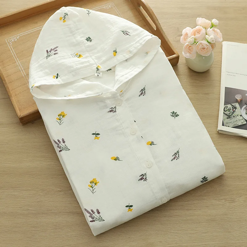 

100% Cotton Yarn Loose Hooded Print Shirts for Women Autumn Spring Vintage Blouses Females Hoodies Classic Oversized Tops