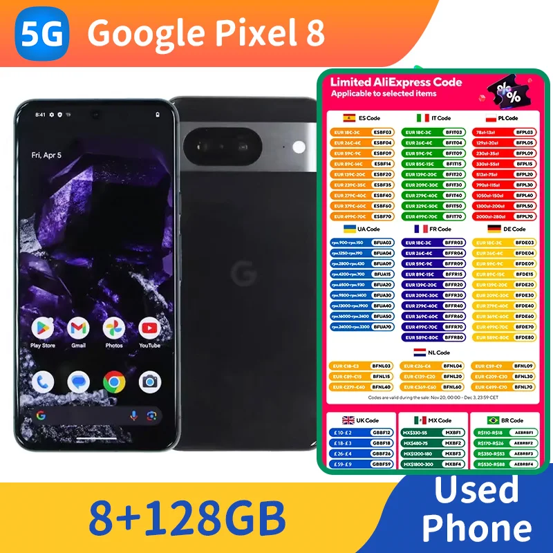 هاتف Google Pixel 8 5G الذكي 8GB RAM 128GB/256GB ROM 6.2 بوصة 2400x1080 شاشة OLED 50MP كاميرا Google Tensor G3 هاتف مستعمل