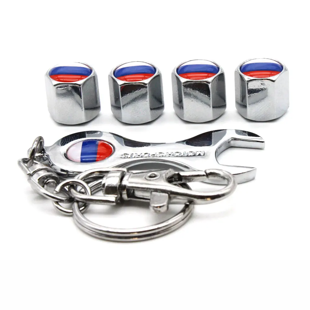 5Pcs/Set Russia Flag Style Anti-theft Car Wheel Air Tire Valves Tire Valve Caps Stem  with Wrench Keychain Ring Spanner New