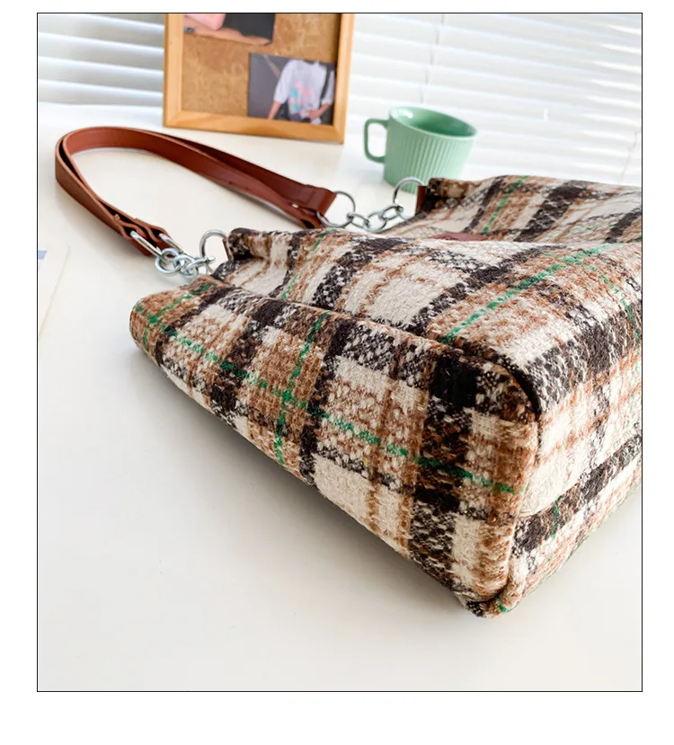 Women Girl Tweed Tartan Messenger Bag Plaid Check Shoulder Bag Hand Tote Trendy Large Capacity