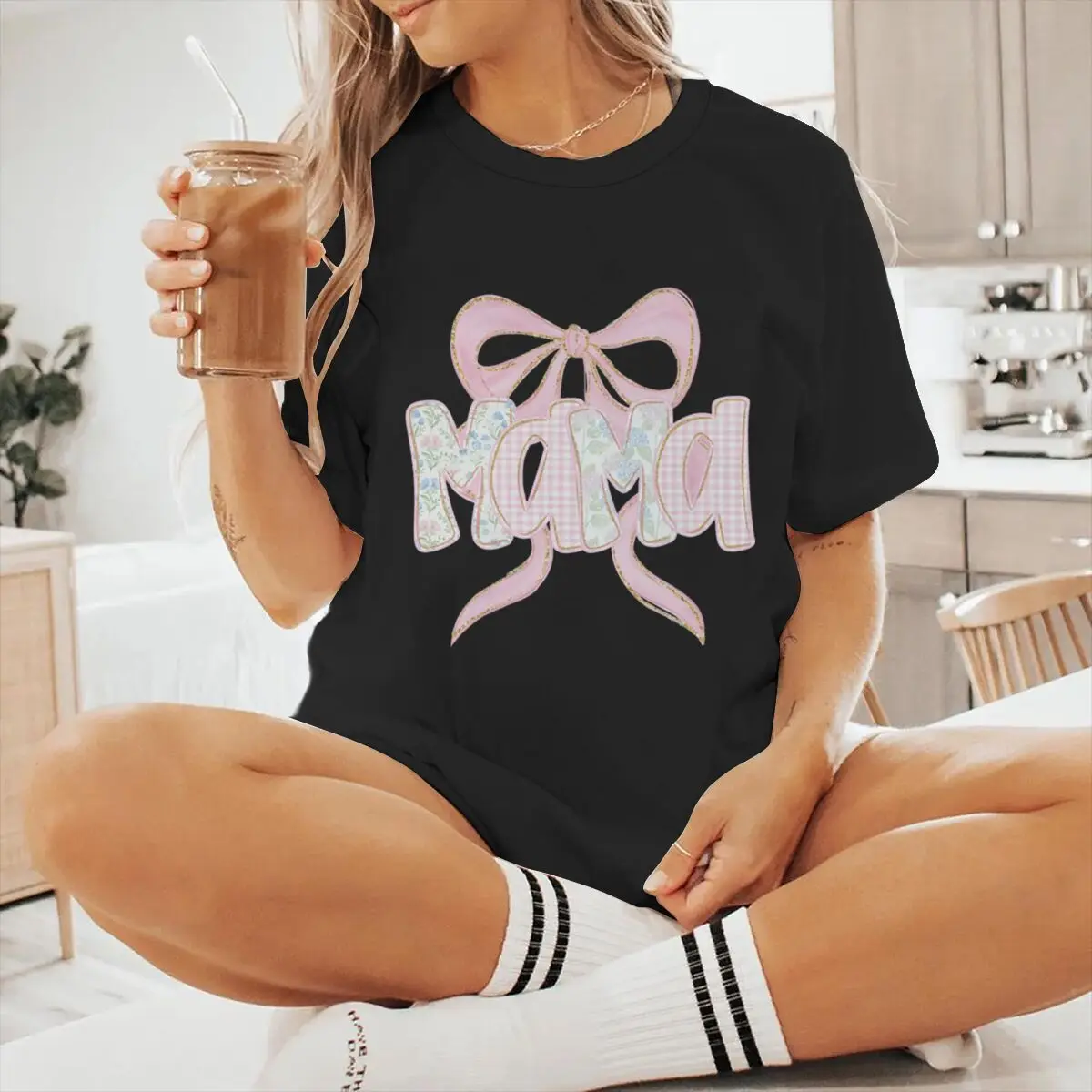 Mama Bow Graphic T Shirts Women Pink Bow & Plaid Print Short Sleeve T-shirt Mother's Day Gift Clothes Floral Mama Casual Tops