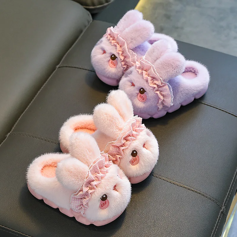 Cute Cartoon Rabbit Furry Indoor Slippers Children 2026 Winter Warm Long Plush Slippers Warm Long Plush Children's Home Slides