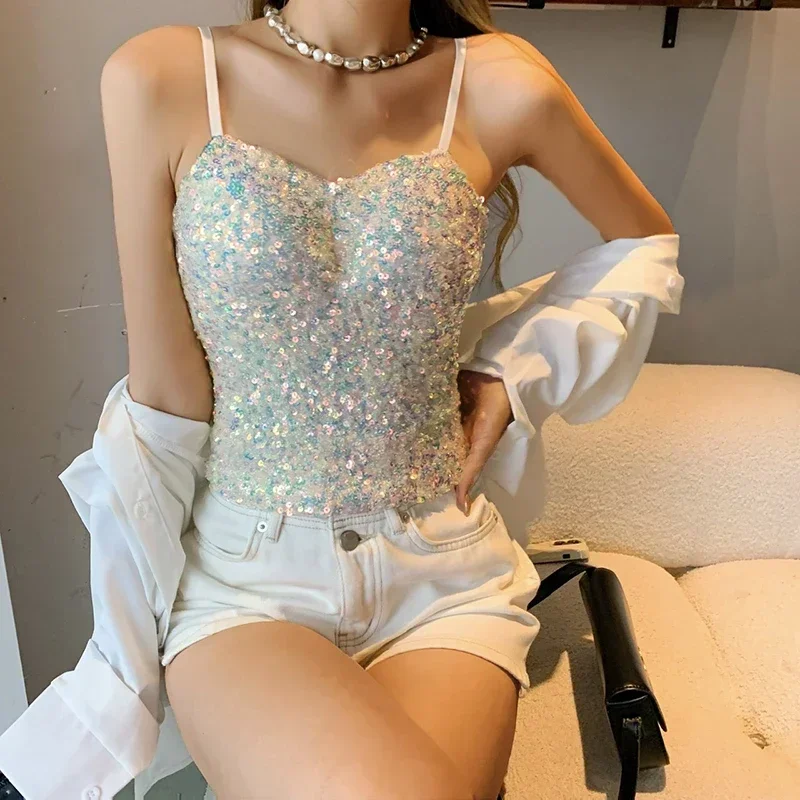 ITOOLIN-المرأة أعلى محصول الترتر الكتف مع وسادة حمالة الصدر ، أعلى أنبوب مثير ، س العنق الملابس الداخلية ، كاميس ضئيلة ، الربيع ، الصيف ، Y2K #4