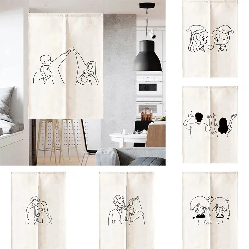 Japanese Simple Line Printed Linen Half Door Curtain, Privacy Screen for Bedroom and Kitchen, Fashionable Home Decoration