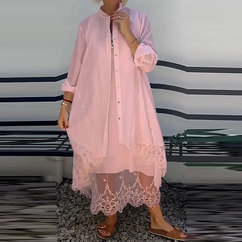 

2025 Solid Loose Outfit New Summer Chic Stand Collar Long Sleeve Blouse&Tank Dresses Set Women Elegant Embroidery Lace Two Piece